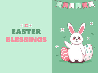 Easter Blessings Or Greeting Card With Cute Bunny, Printed Eggs, Flowers And Bunting Flags On Green Background.