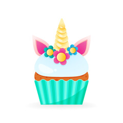 Cartoon cupcake icon. Illustration of birthday cupcake decorated with cream, unicorn horn and flowers. Vector 10 EPS.