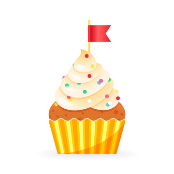 Cartoon cupcake icon. Illustration of birthday cupcake decorated with cream, sprinkles and flag. Vector 10 EPS.
