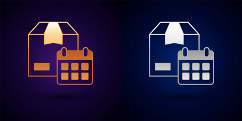 Fototapeta premium Gold and silver Carton cardboard box and fast time delivery icon isolated on black background. Box, package, parcel sign. Delivery and packaging. Vector