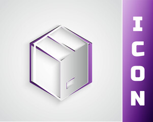 Paper cut Carton cardboard box icon isolated on grey background. Box, package, parcel sign. Delivery and packaging. Paper art style. Vector