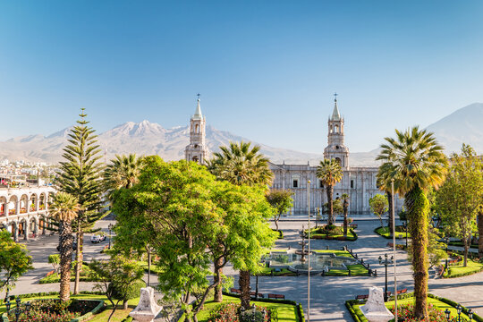The main square of Arequipa on the background of the volcano El Misti