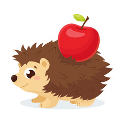 Cute little hedgehog vector. Adorable cartoon brown hedgehog with a red apple.
