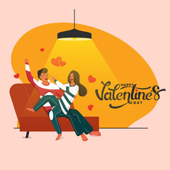 Happy Valentine's Day Concept With Teenage Girl Trying To Snatch Something From Her Boyfriend At Sofa On Yellow And Pink Background.