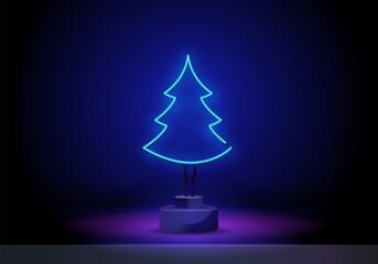 Three christmas illustrations in neon style. Three holiday signs on stand. Vector illustration.