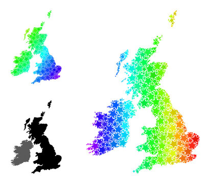 Rainbow gradient star mosaic map of Great Britain and Ireland. Vector colorful map of Great Britain and Ireland with rainbow gradients.
