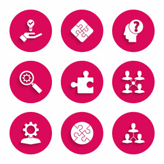 Set Piece of puzzle, Project team base, Human with gear inside, Magnifying glass and, head question mark and Light bulb hand icon. Vector