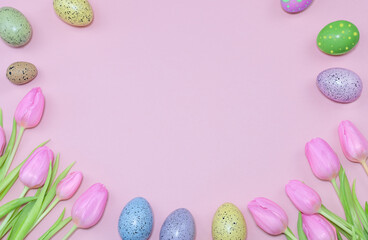 Easter Eggs and tulips.Easter holiday background 