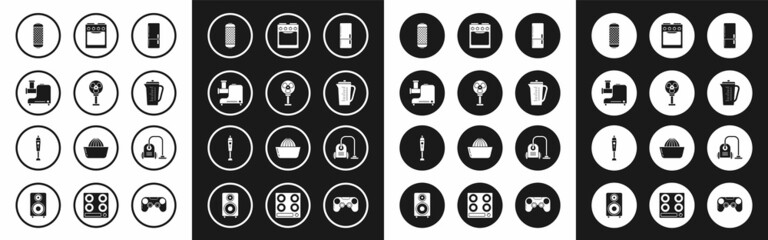 Set Refrigerator, Electric fan, Kitchen meat grinder, Stereo speaker, Measuring cup, Oven, Vacuum cleaner and Blender icon. Vector