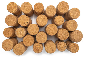 Champagne corks isolated on white background. 25 corks of champagne close-up. Champagne wine corks texture background. High quality photo.