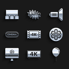 Set 4k movie, tape, frame, , Balloon with ribbon, Film reel, Online play video, Cinema poster design template, Movie spotlight and icon. Vector