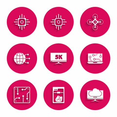 Set Monitor display with 5k video, 3D printer, Computer monitor screen, Laptop, Processor, Global technology social network, Drone and icon. Vector