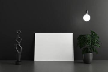 Minimalist and clean horizontal white poster or photo frame mockup on the floor leaning against the dark room wall with pots and decoration