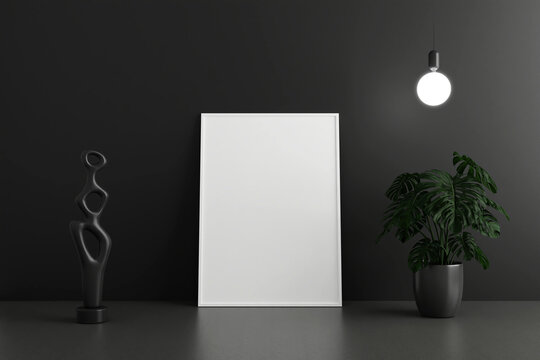 Minimalist and clean vertical white poster or photo frame mockup on the floor leaning against the dark room wall with pots and decoration
