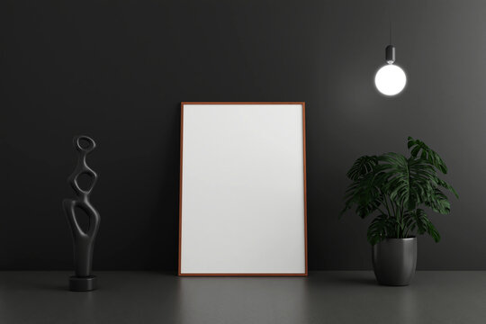 Minimalist and clean vertical wooden poster or photo frame mockup on the floor leaning against the dark room wall with pots and decoration