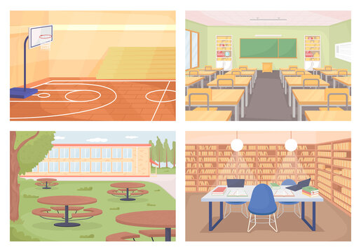 High school flat color vector illustration set. Basketball court. Gymnasium space. Classroom with desks. Empty class rooms 2D cartoon interior with furniture on background collection