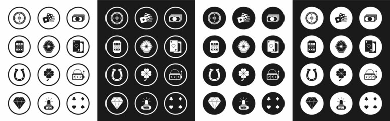 Set Stacks paper money cash, Lucky wheel, Slot machine with lucky sevens jackpot, Casino roulette, Playing card heart, Game dice, and Horseshoe icon. Vector