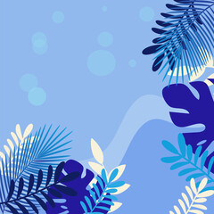 Underwater world with tropical plants blue background