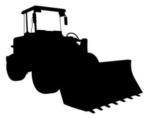 Silhouette of Construction equipment loader, bulldozer for earthworks. Industrial machinery and equipment. Isolated vector on white