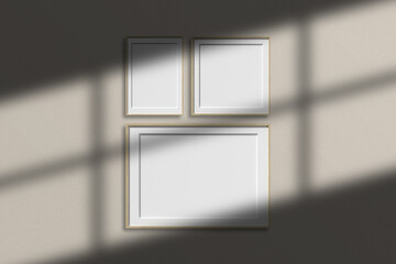 Set of wooden poster photo frame mockup in minimalist room with shadow overlay