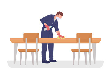 Cleaner disinfecting desk semi flat color vector character. Posing figure. Full body person on white. Cleanup isolated modern cartoon style illustration for graphic design and animation