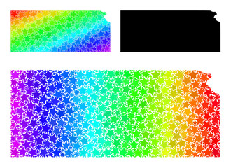 Rainbow gradient star collage map of Kansas State. Vector colorful map of Kansas State with spectral gradients. Mosaic map of Kansas State collage is formed with randomized colorful star elements.