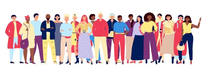 Multicultural people crowd. European lifestyle young women men, business and casual wear characters. Friends community, adults team utter vector concept