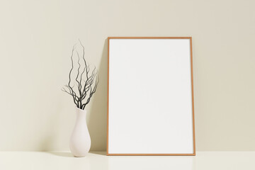 Fototapeta na wymiar Minimalist and clean vertical wooden poster or photo frame mockup on the floor leaning against the room wall with vase