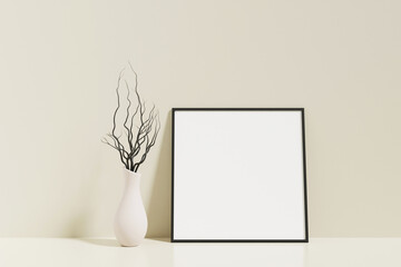 Fototapeta na wymiar Minimalist and clean square black poster or photo frame mockup on the floor leaning against the room wall with vase