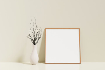 Minimalist and clean square wooden poster or photo frame mockup on the floor leaning against the room wall with vase