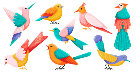 Colorful birds. Decorative bird, cute nature objects. Isolated flying decoration, hummingbird and abstract tit and sparrow. Vintage bright swanky vector set