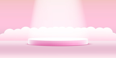Obraz premium Vector realistic podium platform with pink clouds in abstract stage for product placement and display.