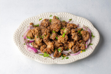 Liver pan (Albanian liver) Turkish traditional food. Liver over rice. (Turkish name; arnavut ciger)
