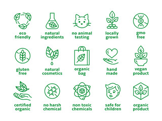 Eco line badges. No chemicals, makeup or skincare organic vegan icons. Natural cosmetic products marks. Hypoallergenic, no paraben tidy vector labels