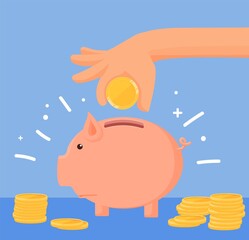 Piggy bank. Money saving concept, finance or banking. Cute pig and hand with coin. Bank metaphor, deposit or investment. Business decent vector illustration