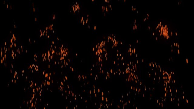 Glowing flying ember, burning ash particles. Hot fire sparks isolated. 4K animation of flying coals from the flame.