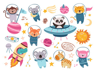 Space animals set. Panda astronaut in spaceship, cartoon animal. Dog, fox tiger in suit, crocodile in rocket explorer universe. Adventure neoteric vector set