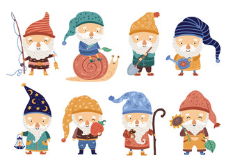 Fototapeta premium Garden dwarfs. Cartoon gnome, tiny forest elf. Cute fairy tale characters, funny magic men elves. Leprechaun with lantern and flower, neoteric vector set