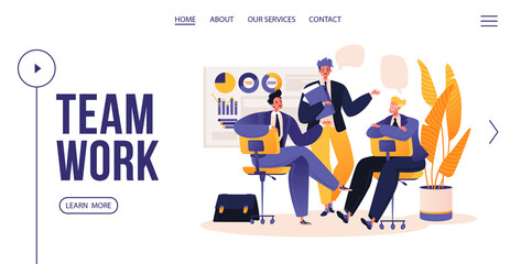 Fototapeta na wymiar Business and teamwork landing page concept. Characters, young men, professionals discussing project, work plan, or ways to improve business strategy. Flat cartoon style vector illustration.