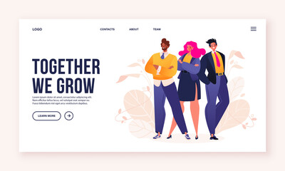 Teamwork concept landing page template. Office businesspeople employees, colleague cartoon flat characters. Business successful team smiling young people in suits standing together.