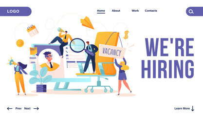 "We are Hiring" concept  landing page design with business people. Vacancy,  job hiring, recruitment, human resources, agency interview,  with vector cartoon flat characters. Searching for new employe