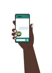 Chat bot dialoge windows on smartphone screen with man  in business suit flat design isolated. Online artificial intelligence robot message chat on holding hand mobil phone. Vector illustration.