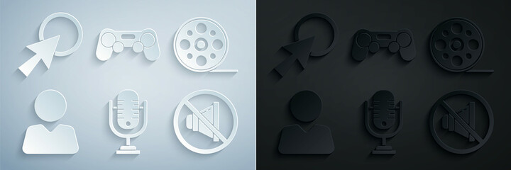 Set Microphone, Film reel, Add to friend, Speaker mute, Gamepad and Arrow cursor icon. Vector