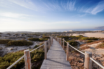 Fototapeta premium Wooden pedestrian walkway through Sintra-Cascais natural park. Wild sandy landscape, with part of Cresmina Dunes. Beautiful scenery in Portugal.