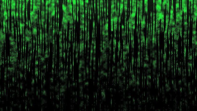 Background of green falling particles. Computer matrix backdrop. Big data. Corrupted code. 3d rendering. 4K video.