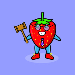 Cute cartoon mascot character wise judge strawberry wearing glasses and holding a hammer with cute modern style design for t-shirt, sticker, logo element