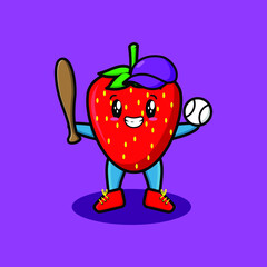 Cute cartoon mascot character strawberry playing baseball in modern style design for t-shirt, sticker, and logo elements