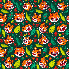 Tiger seamless pattern, vector animal print with cute tigers and tropical leaves. Organic flat style vector illustration.