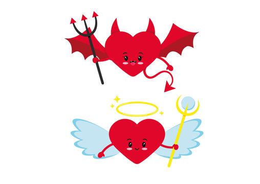 Angel and devil or demon heart character icon set isolated on white background. Heart with  horns, light angel red evil wings, tail, halo, staff, trident. Flat design cartoon vector illustration.