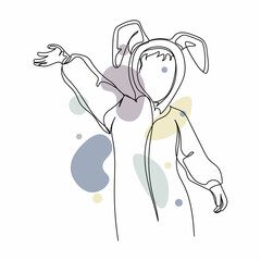 Continuous one simple single abstract line drawing of little child wearing bunny costume on easter day icon in silhouette on a white background. Linear stylized.